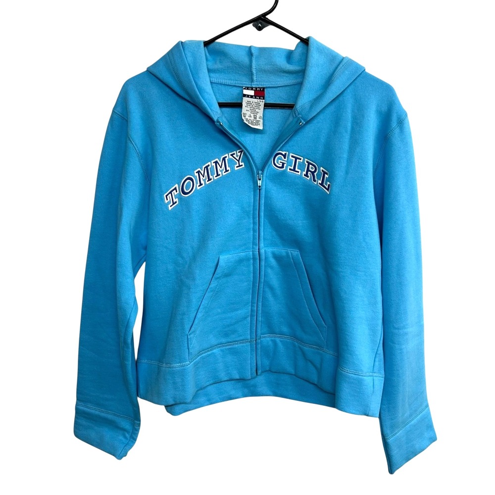 Tommy Girl Blue Zip Hoodie L Y2K Spellout Logo Retro Streetwear Preppy Sport